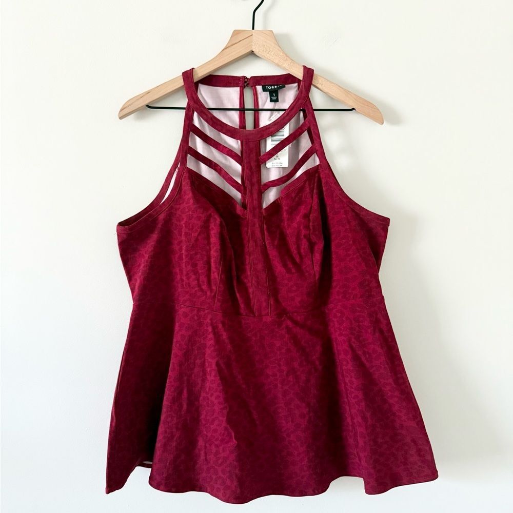 NWT Torrid High Neck Peplum Blouse in Burgundy Muted Animal Print Size 1X